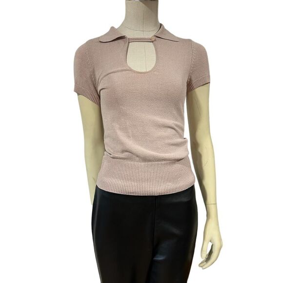 Revolve Bebe Vintage Silk Blend Neck Closure Ribbed Short Sleeve Polo Shirt - Picture 2 of 9